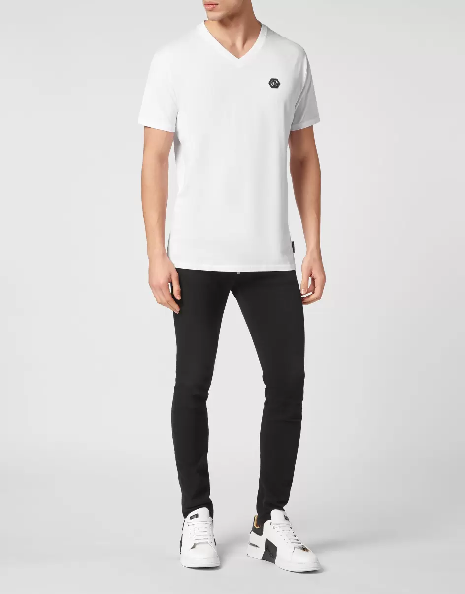 Hombre De Moda Philipp Plein T-Shirt V-Neck Ss Gothic Plein White Camisetas - 3