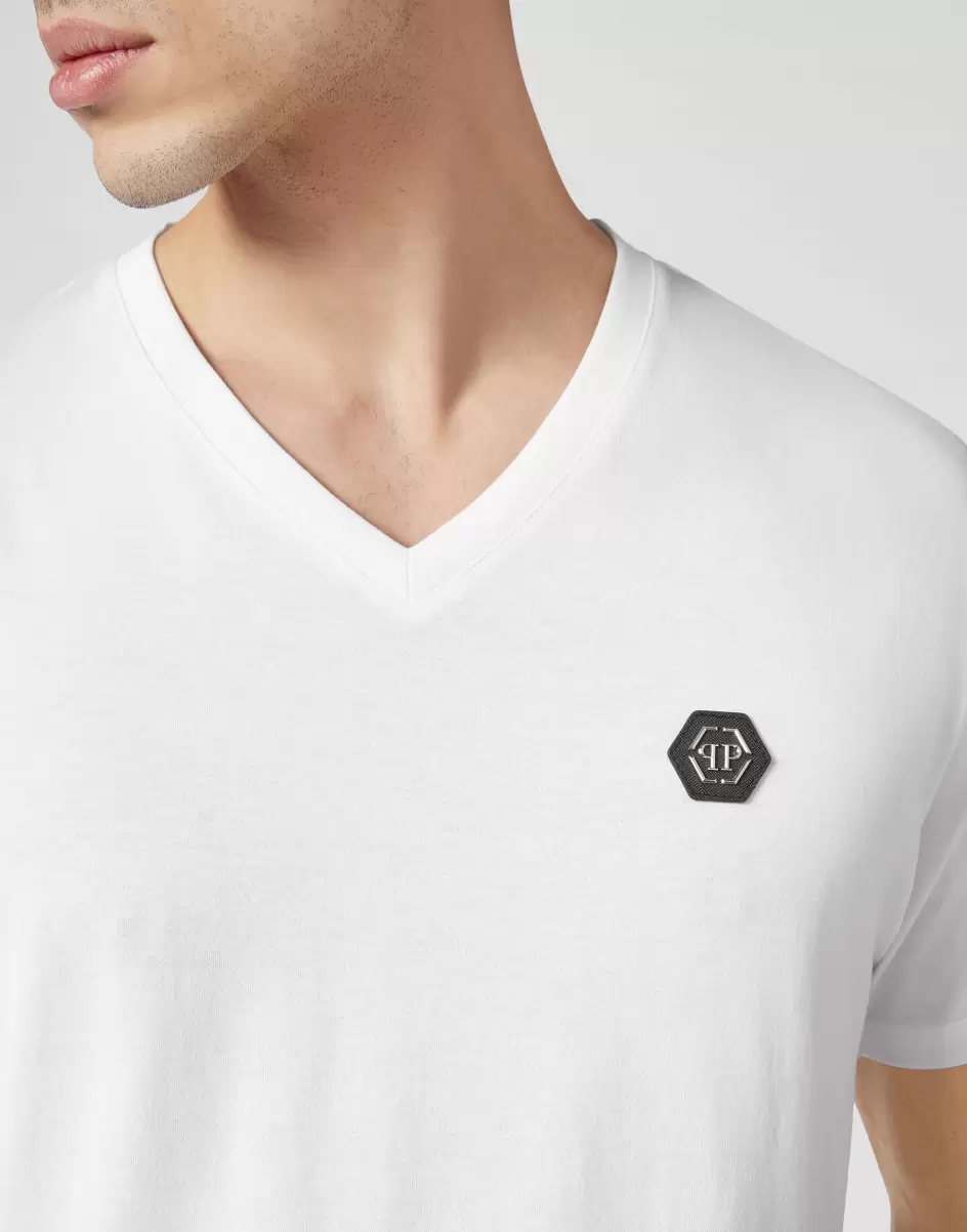 Hombre De Moda Philipp Plein T-Shirt V-Neck Ss Gothic Plein White Camisetas - 4
