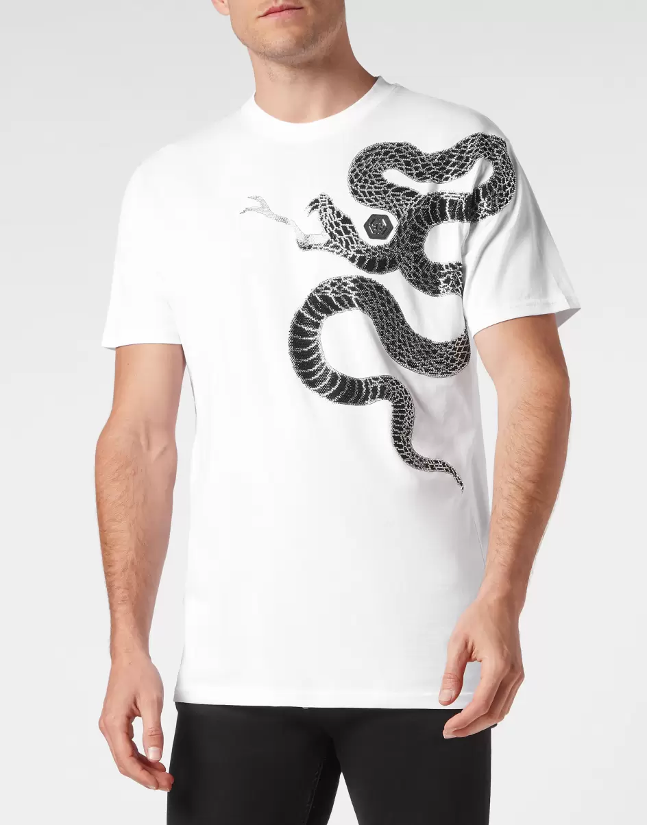 Hombre Philipp Plein Camisetas T-Shirt Round Neck Ss Snake White Comercio - 1
