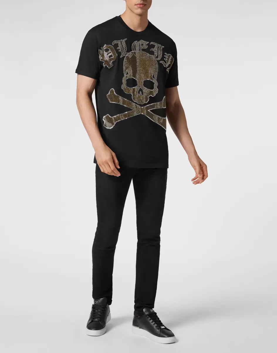 Black/Light Gold T-Shirt Round Neck Ss With Crystals Gothic Plein Strass Camisetas Philipp Plein Hombre Precio Asequible - 3