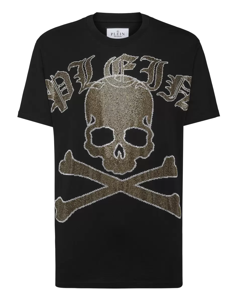 Black/Light Gold T-Shirt Round Neck Ss With Crystals Gothic Plein Strass Camisetas Philipp Plein Hombre Precio Asequible