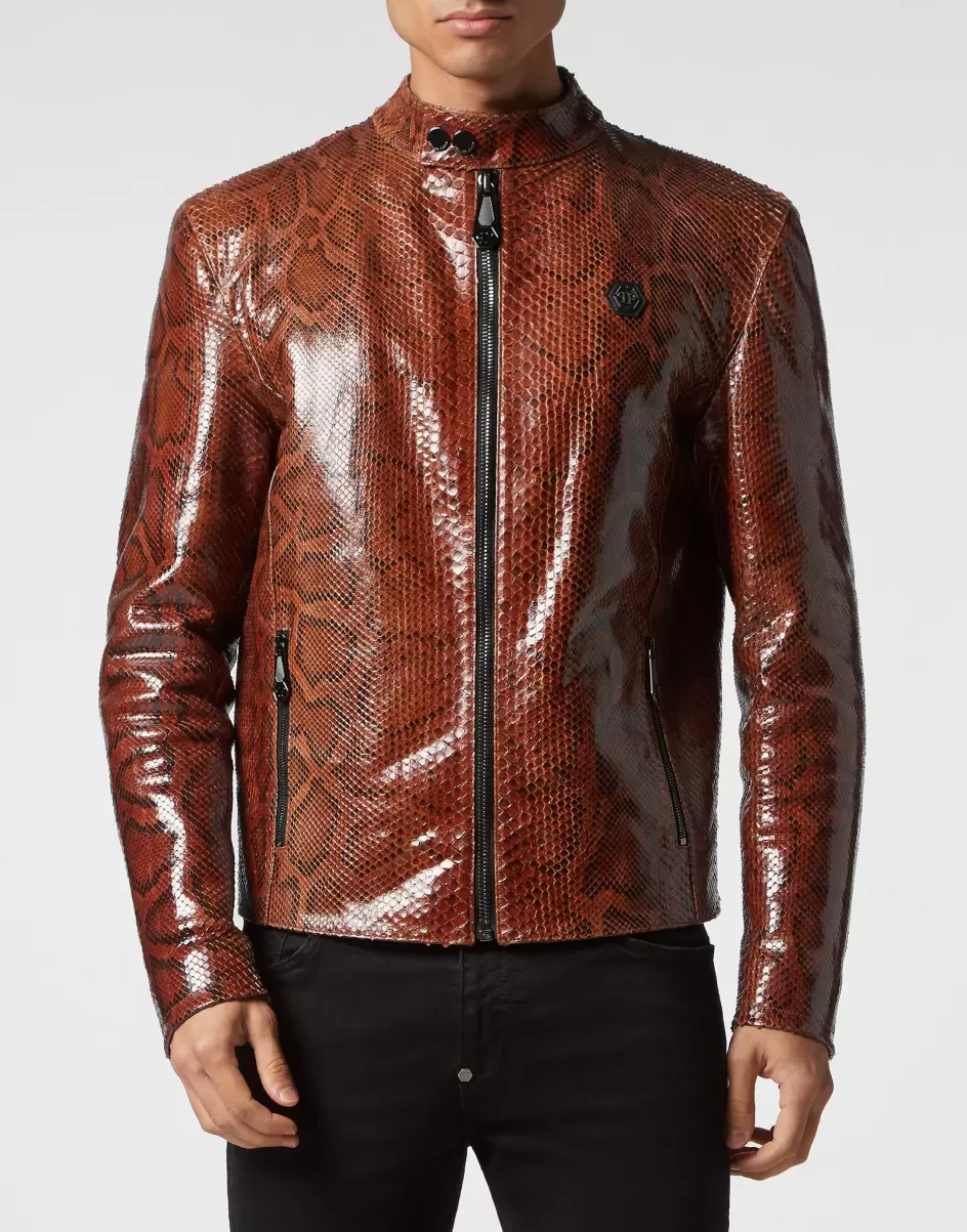 Hombre Real Python Leather Jacket Chaquetas De Cuero Brown Philipp Plein Innovador - 1