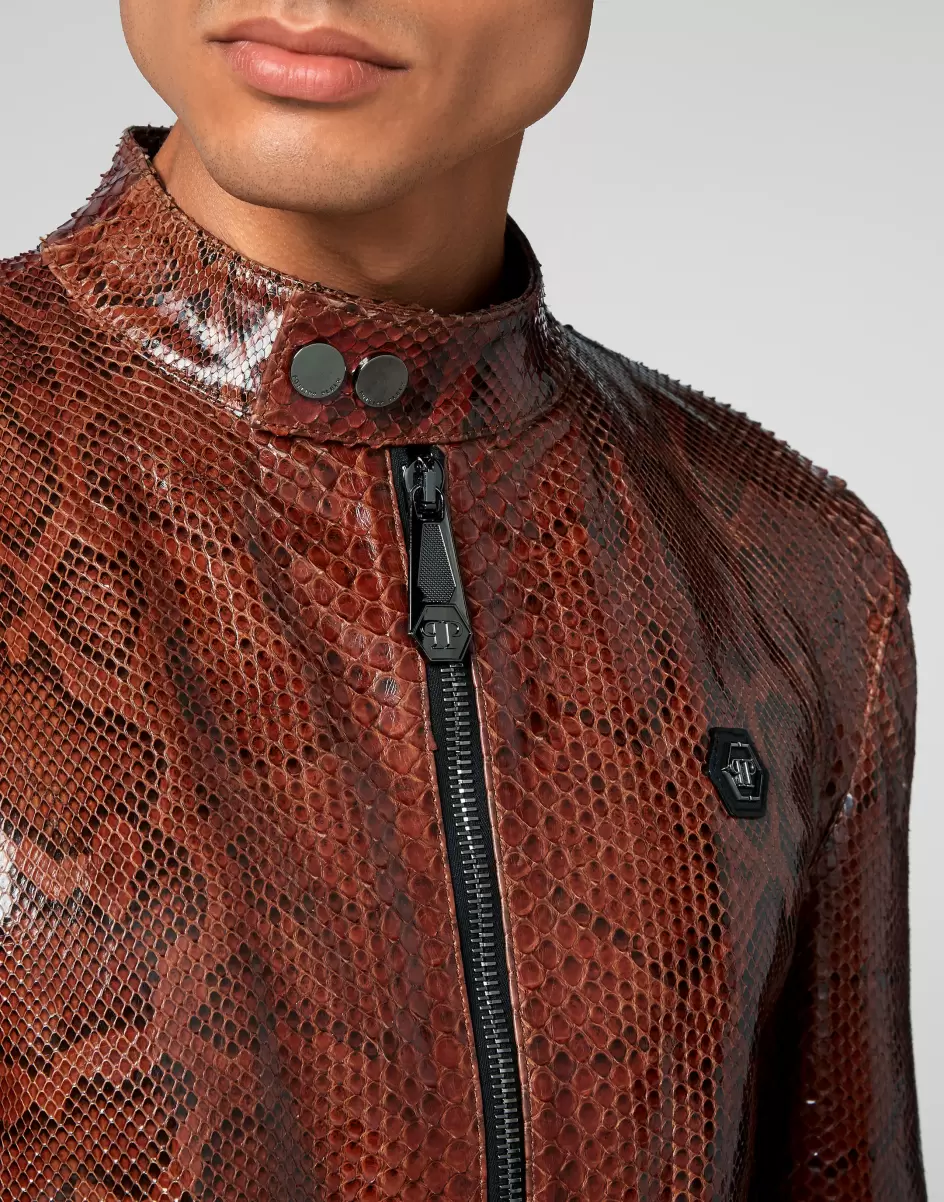 Hombre Real Python Leather Jacket Chaquetas De Cuero Brown Philipp Plein Innovador - 4