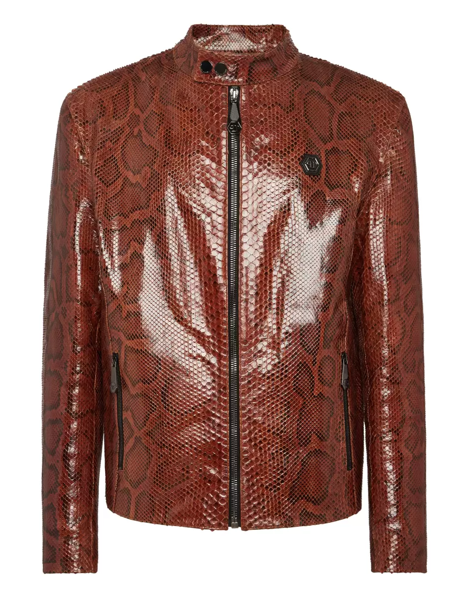 Hombre Real Python Leather Jacket Chaquetas De Cuero Brown Philipp Plein Innovador