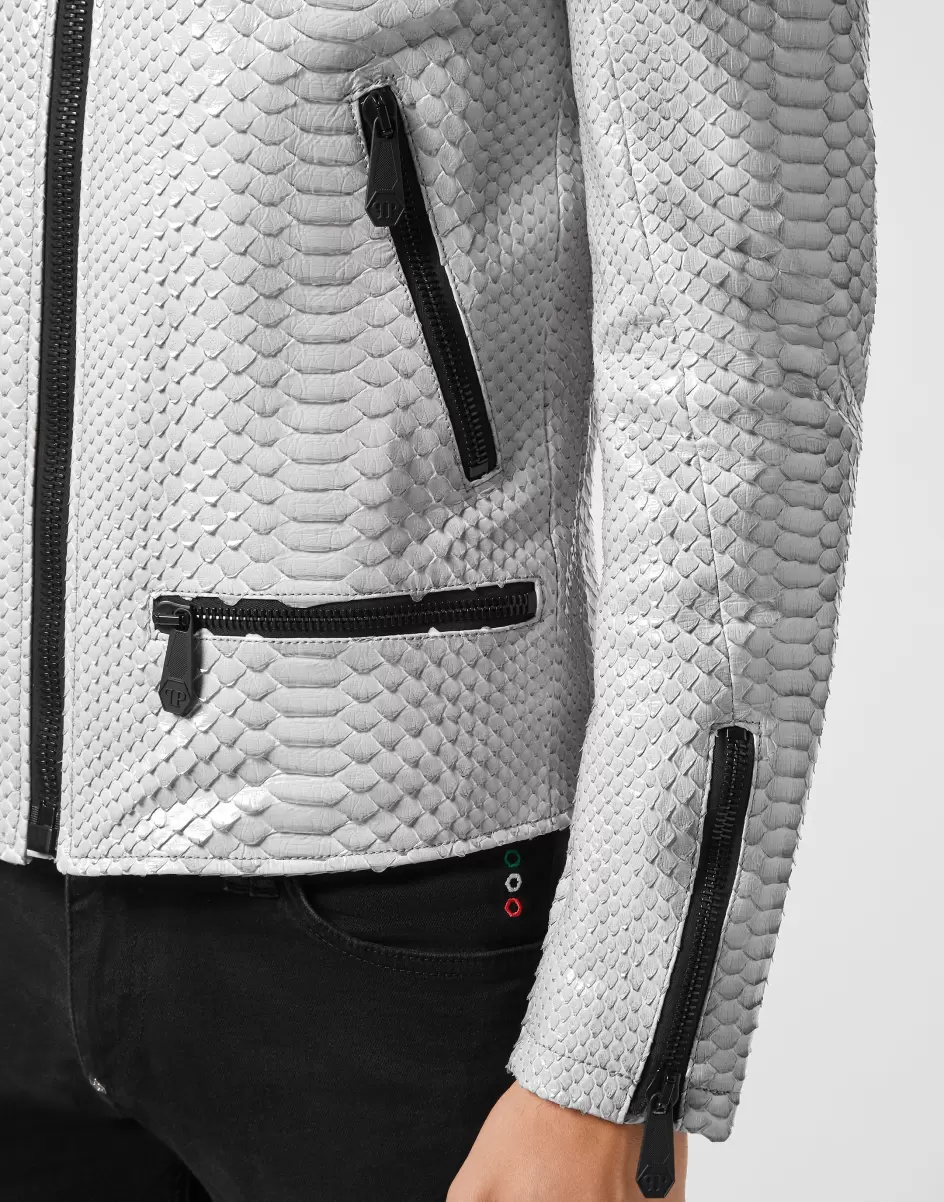 Mejor Precio Light Grey Philipp Plein Hombre Python Leather Moto Jacket Luxury Chaquetas De Cuero - 4