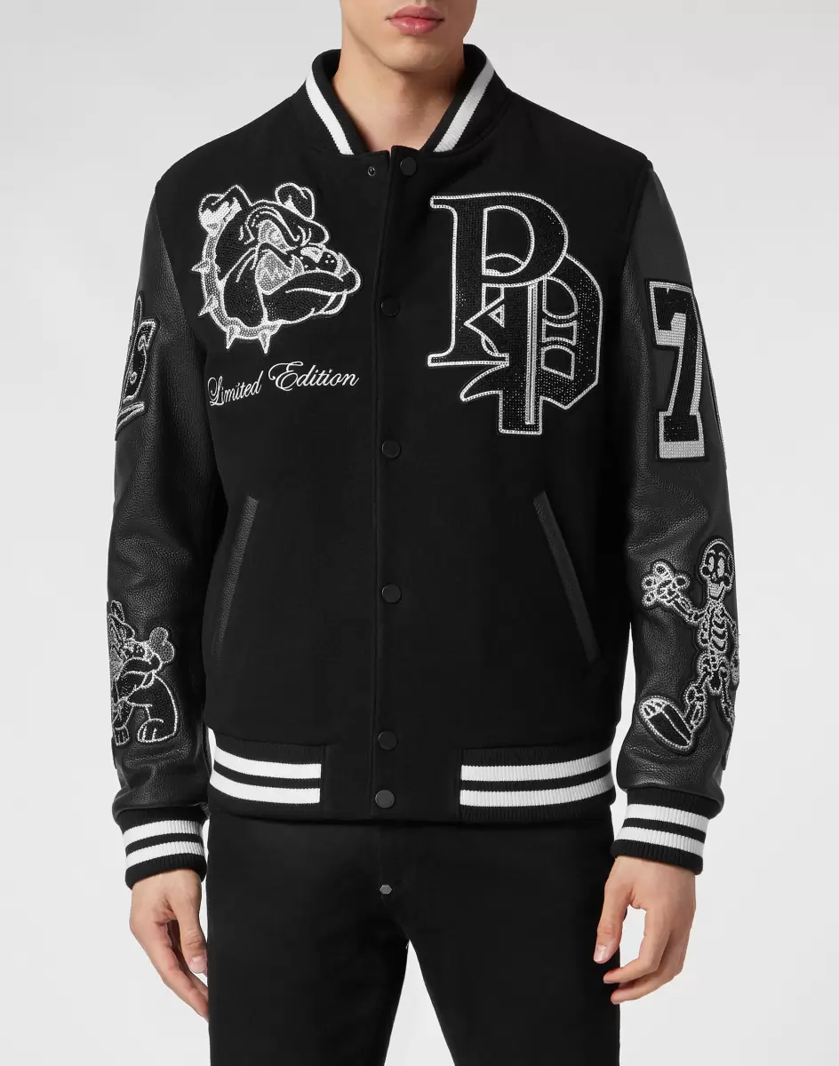 Ropa Exterior & Abrigos Woolen Cloth College Bomber With Leather Arms Bulldogs Black Hombre Philipp Plein Calidad - 1