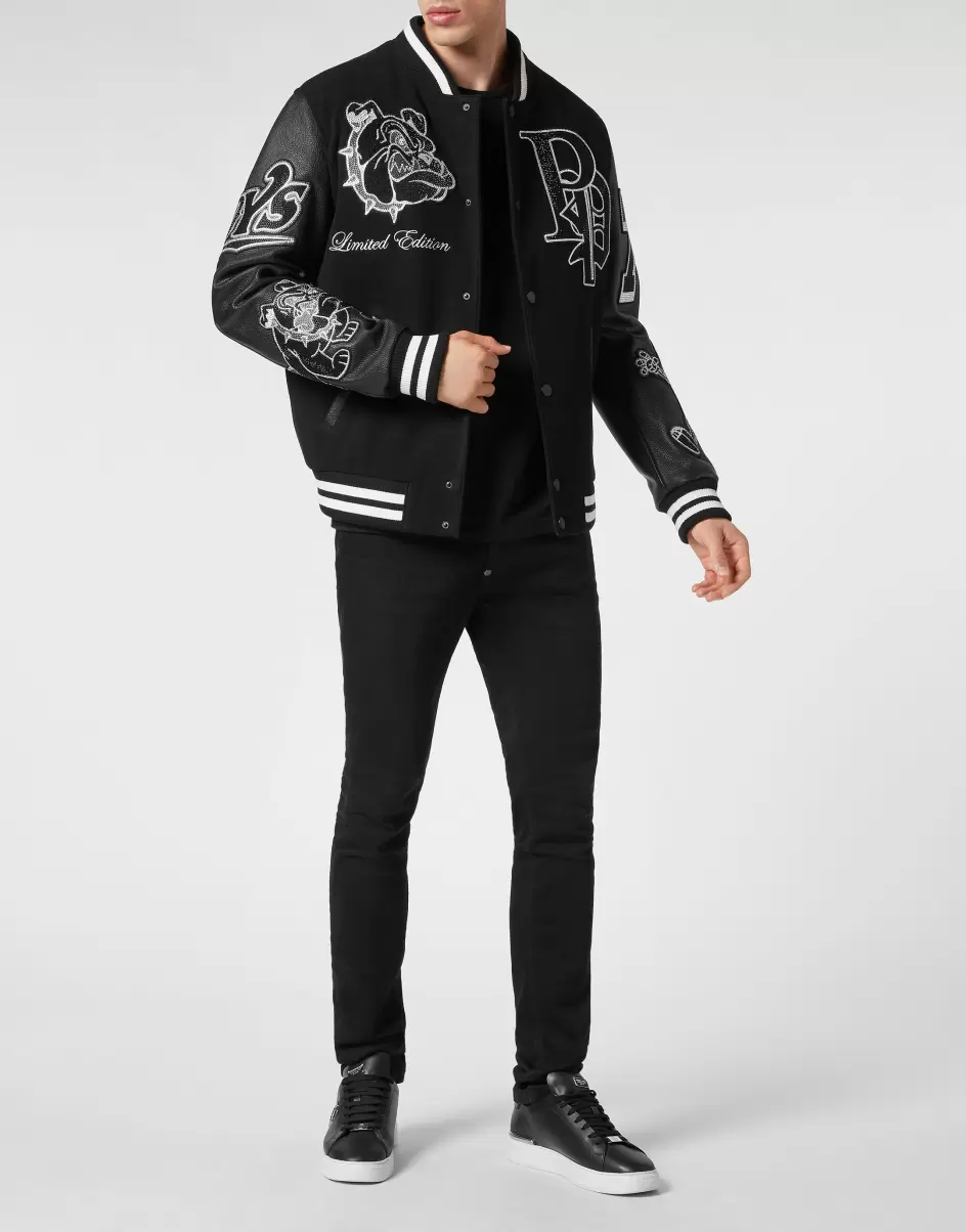 Ropa Exterior & Abrigos Woolen Cloth College Bomber With Leather Arms Bulldogs Black Hombre Philipp Plein Calidad - 3