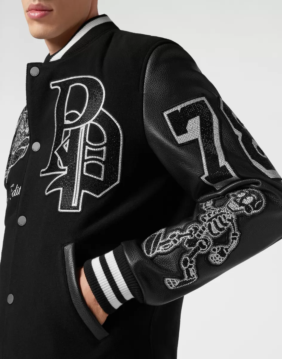 Ropa Exterior & Abrigos Woolen Cloth College Bomber With Leather Arms Bulldogs Black Hombre Philipp Plein Calidad - 4