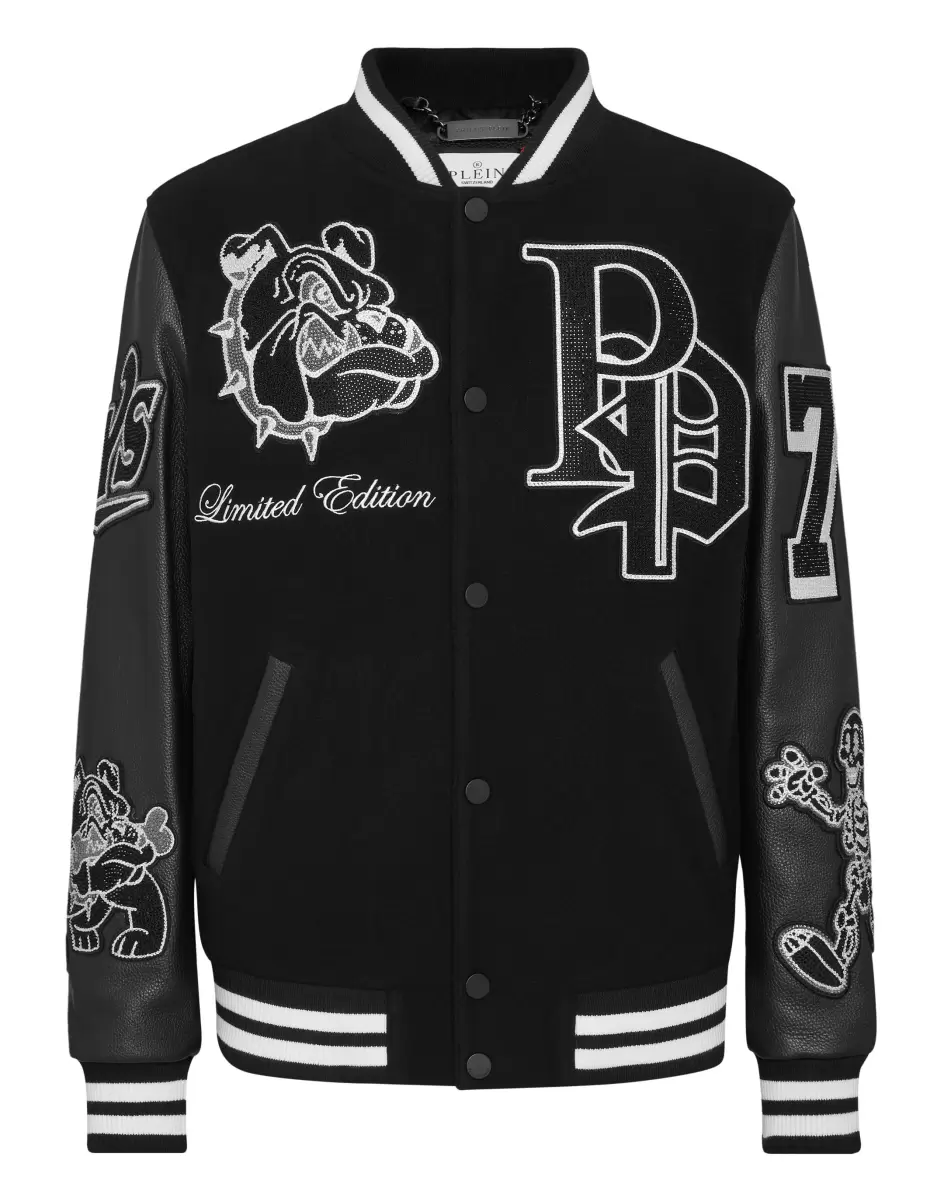 Ropa Exterior & Abrigos Woolen Cloth College Bomber With Leather Arms Bulldogs Black Hombre Philipp Plein Calidad