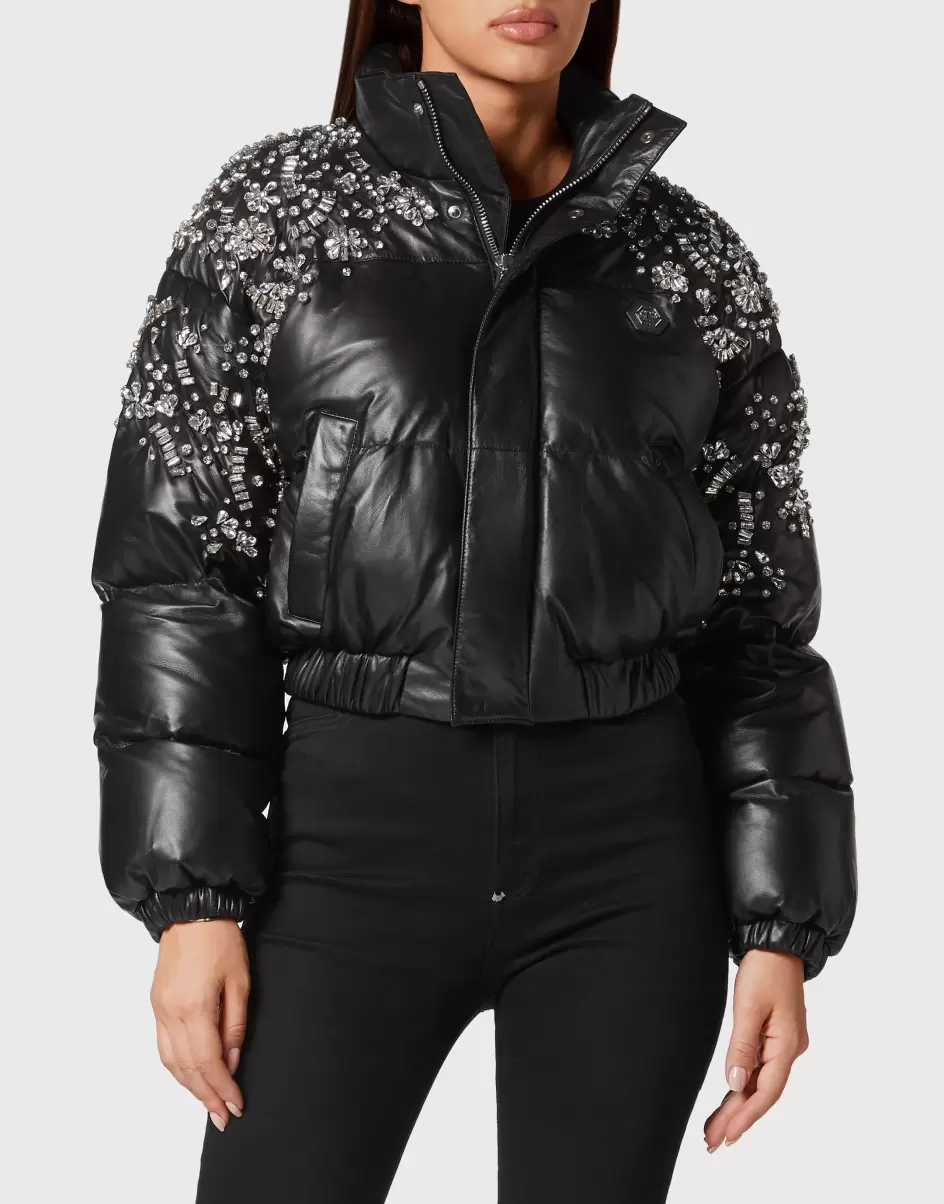 Mujer Descuento Philipp Plein Black Leather Puffer Jacket Crystal Cuero Y Piel - 1