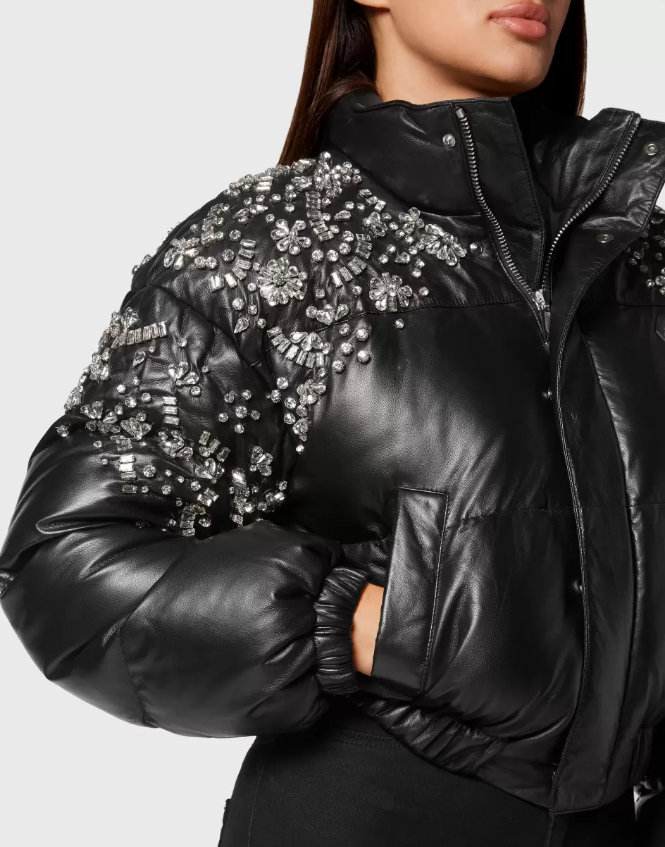 Mujer Descuento Philipp Plein Black Leather Puffer Jacket Crystal Cuero Y Piel - 4