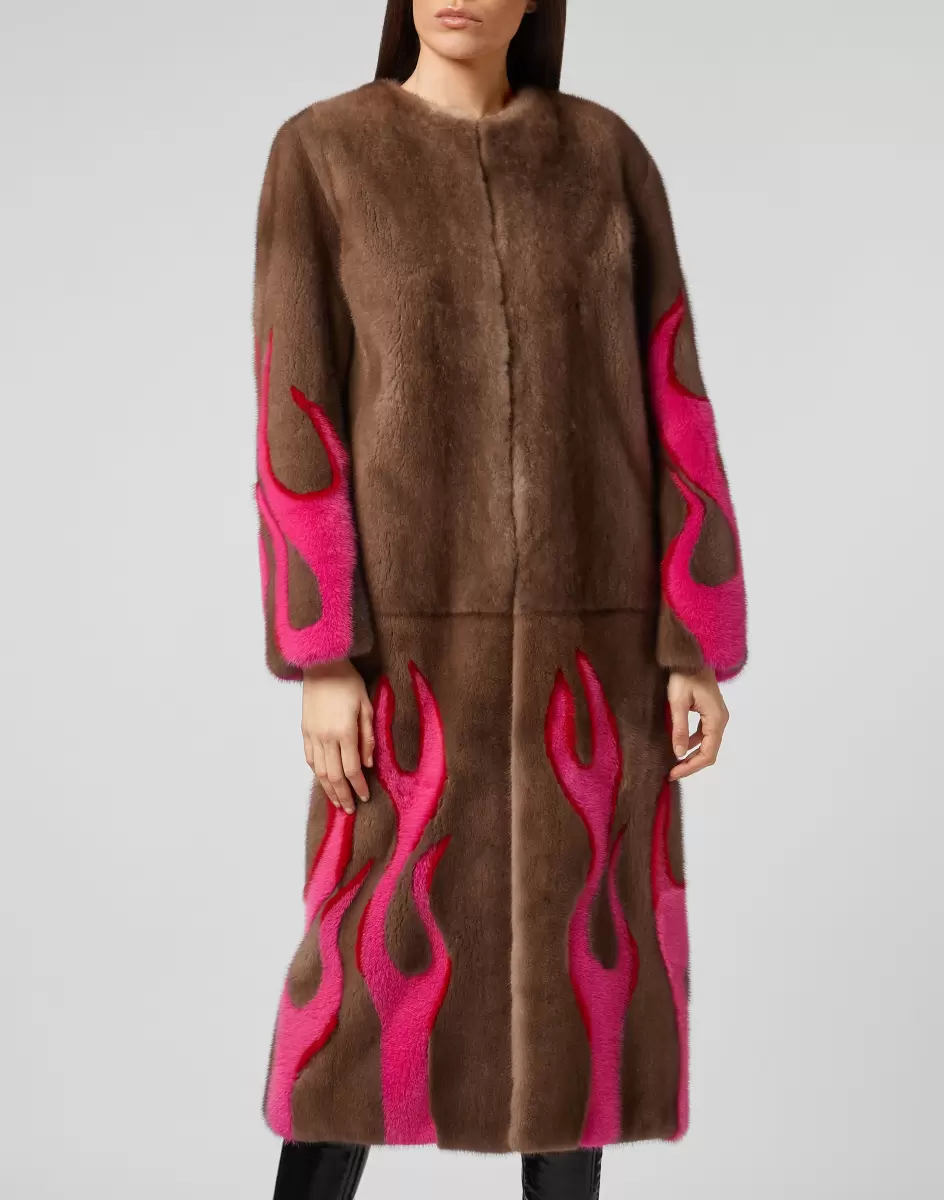Personalización Mujer Ropa Exterior Hell Flames Intarsia Mink Fur Long Coat Philipp Plein Beige - 1