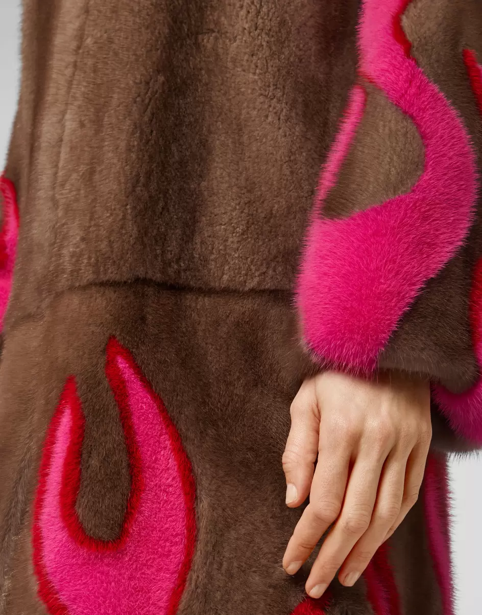 Personalización Mujer Ropa Exterior Hell Flames Intarsia Mink Fur Long Coat Philipp Plein Beige - 4