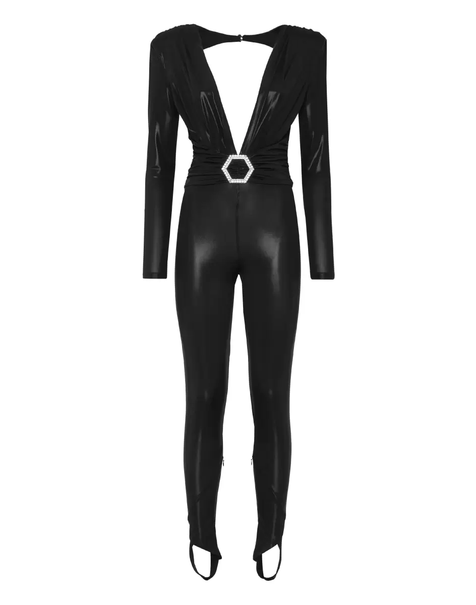 Mujer Philipp Plein Sostenibilidad Black Vestidos Padded Shoulder Lame Jumpsuit