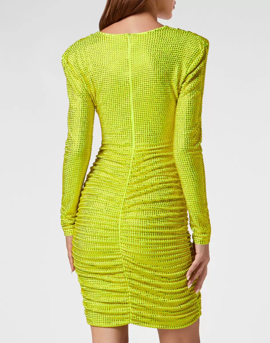 Vestidos Mujer Promoción Philipp Plein Padded Shoulder Mini Dress Ls Fluo Strass Yellow Fluo - 2