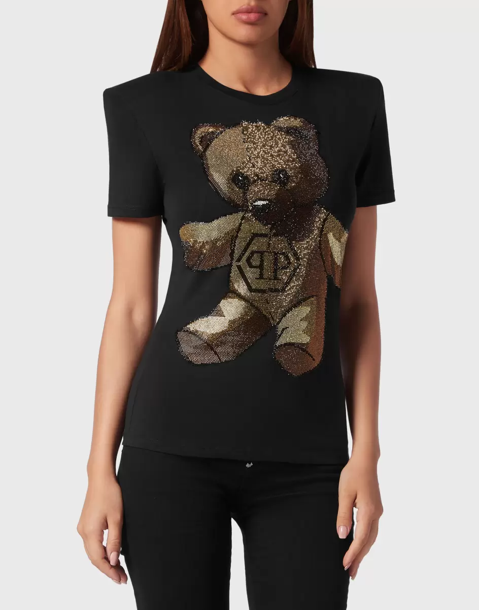 Camiseta & Polos Philipp Plein Tienda Online Black Padded Shoulder Sleeveless T-Shirt Sexy Pure Fit With Crystals Teddy Bear Mujer - 1