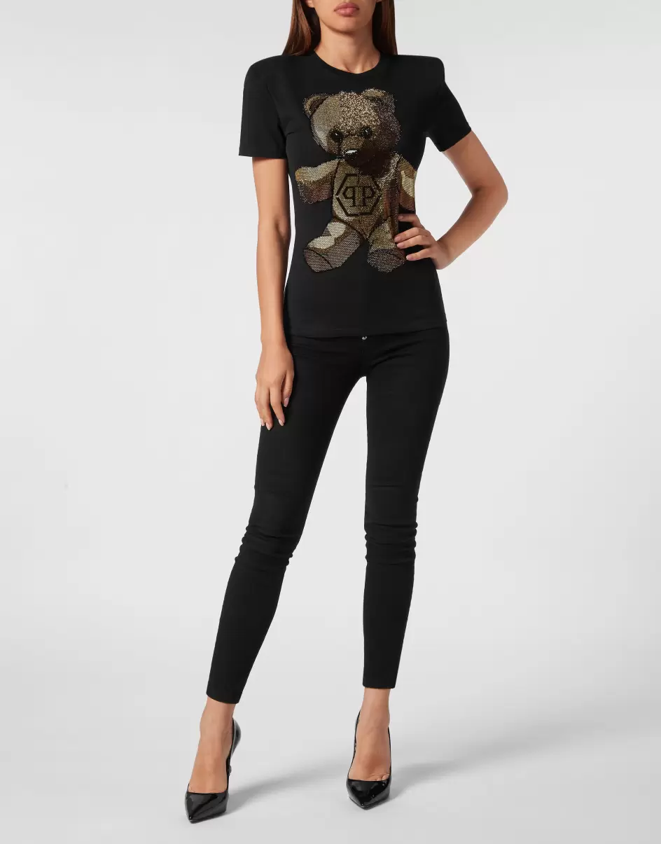 Camiseta & Polos Philipp Plein Tienda Online Black Padded Shoulder Sleeveless T-Shirt Sexy Pure Fit With Crystals Teddy Bear Mujer - 3