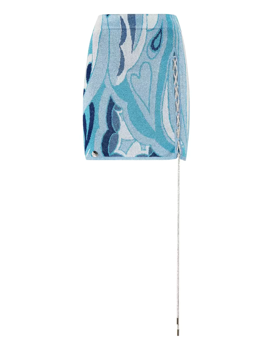 Philipp Plein Light Blue 2024 Prendas De Punto Lurex Knit Mini Skirt Crystal Stripe Mujer