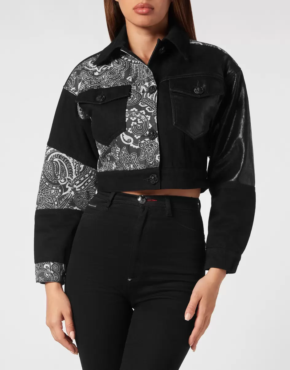 Mujer Comprar Philipp Plein Denim Cropped Jacket Paisley Bandana Patchwork Summer Night Denim - 1