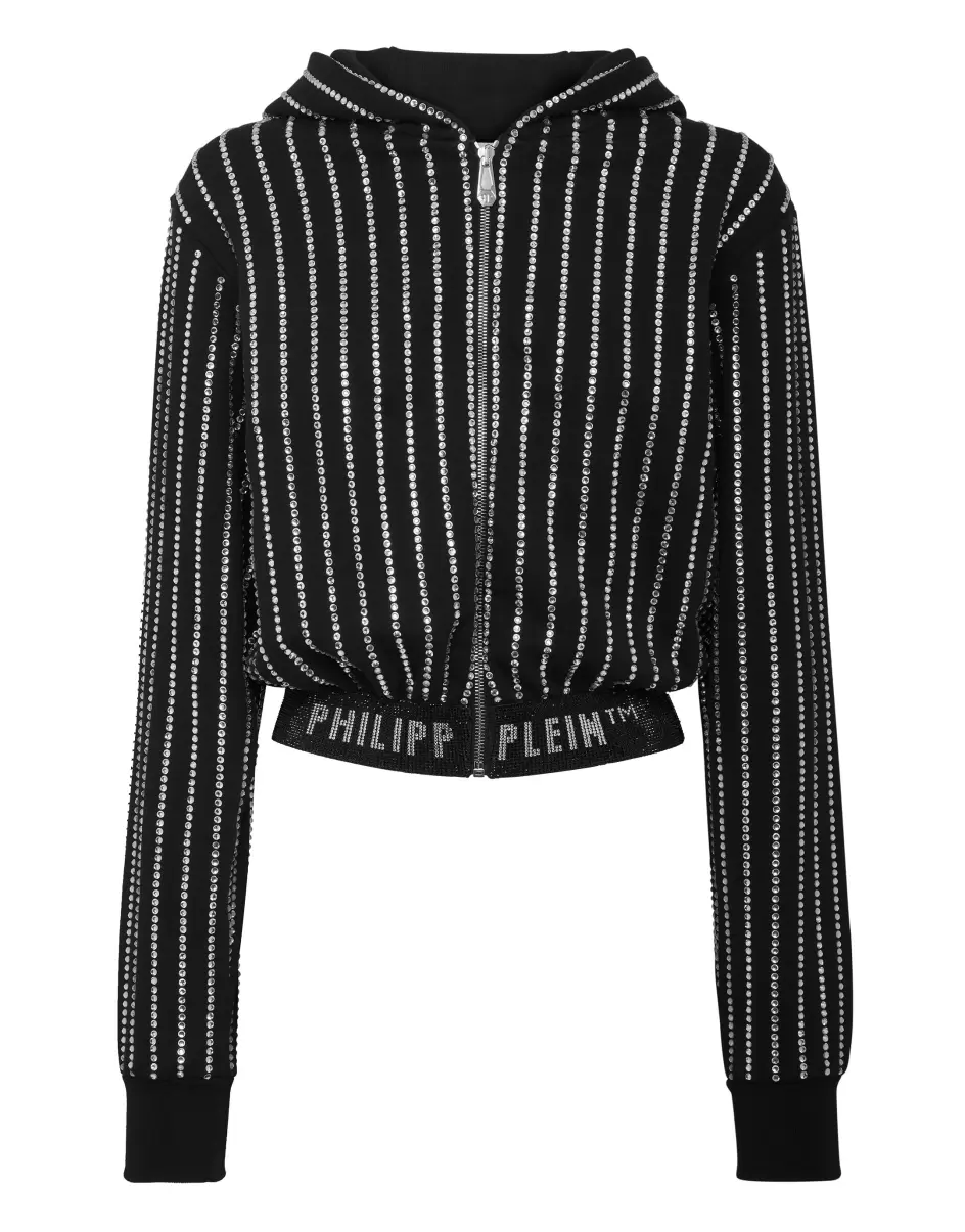 Black Estándar Philipp Plein Cropped Hoody Sweatjacket With Crystals Crystal Pinstripe Ropa Deportiva Mujer