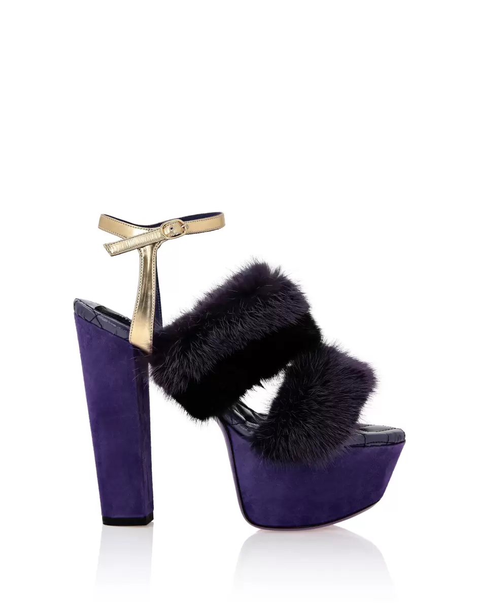 Platform Sandals High Heels With Real Fur Zapatos Elegante Mujer Philipp Plein Purple - 1