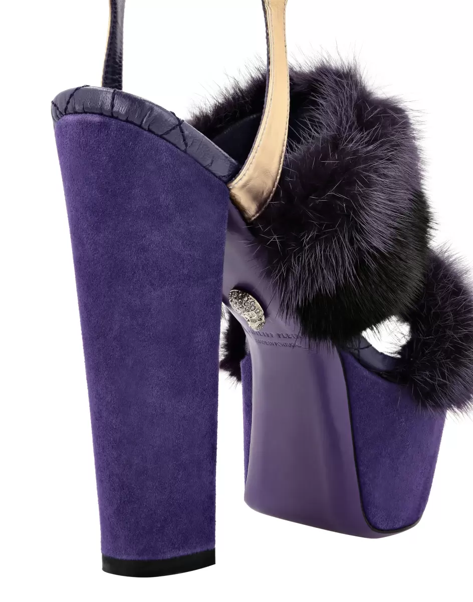 Platform Sandals High Heels With Real Fur Zapatos Elegante Mujer Philipp Plein Purple - 3