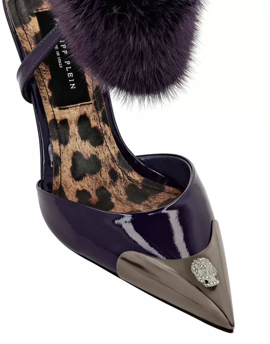Patent Leather & Real Fur Decollete Mid-Heels Crystal Skull Precio De Coste Philipp Plein Purple Zapatos Mujer - 3