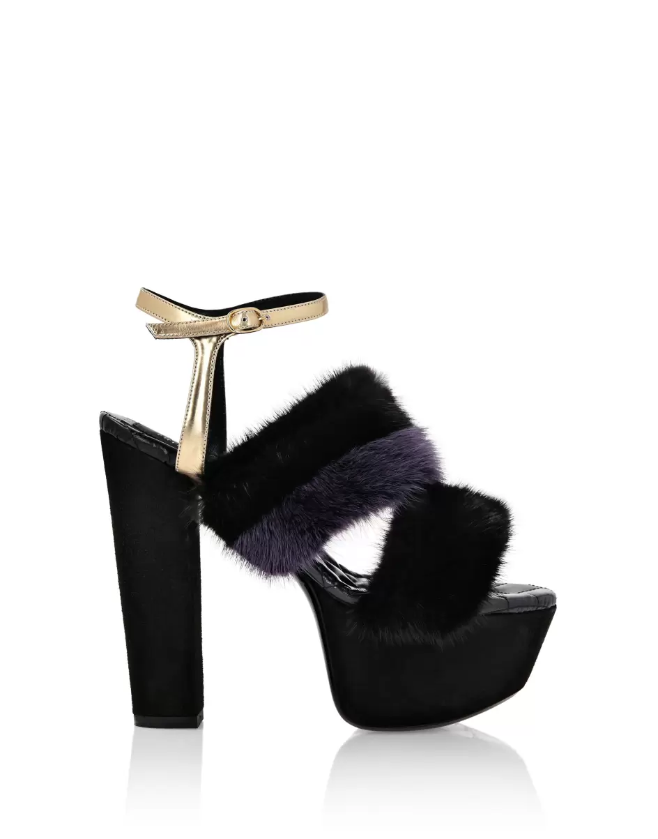 Sandalias Salida Mujer Black Philipp Plein Platform Sandals High Heels With Real Fur - 1