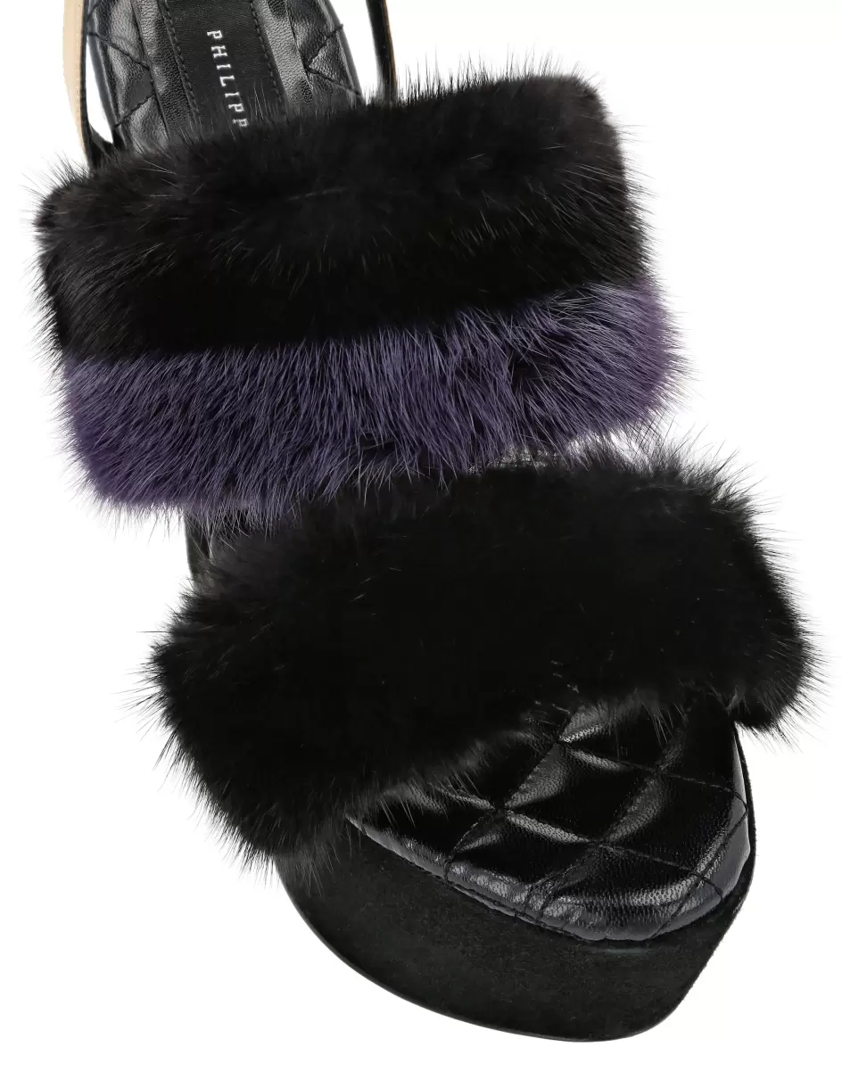 Sandalias Salida Mujer Black Philipp Plein Platform Sandals High Heels With Real Fur - 2