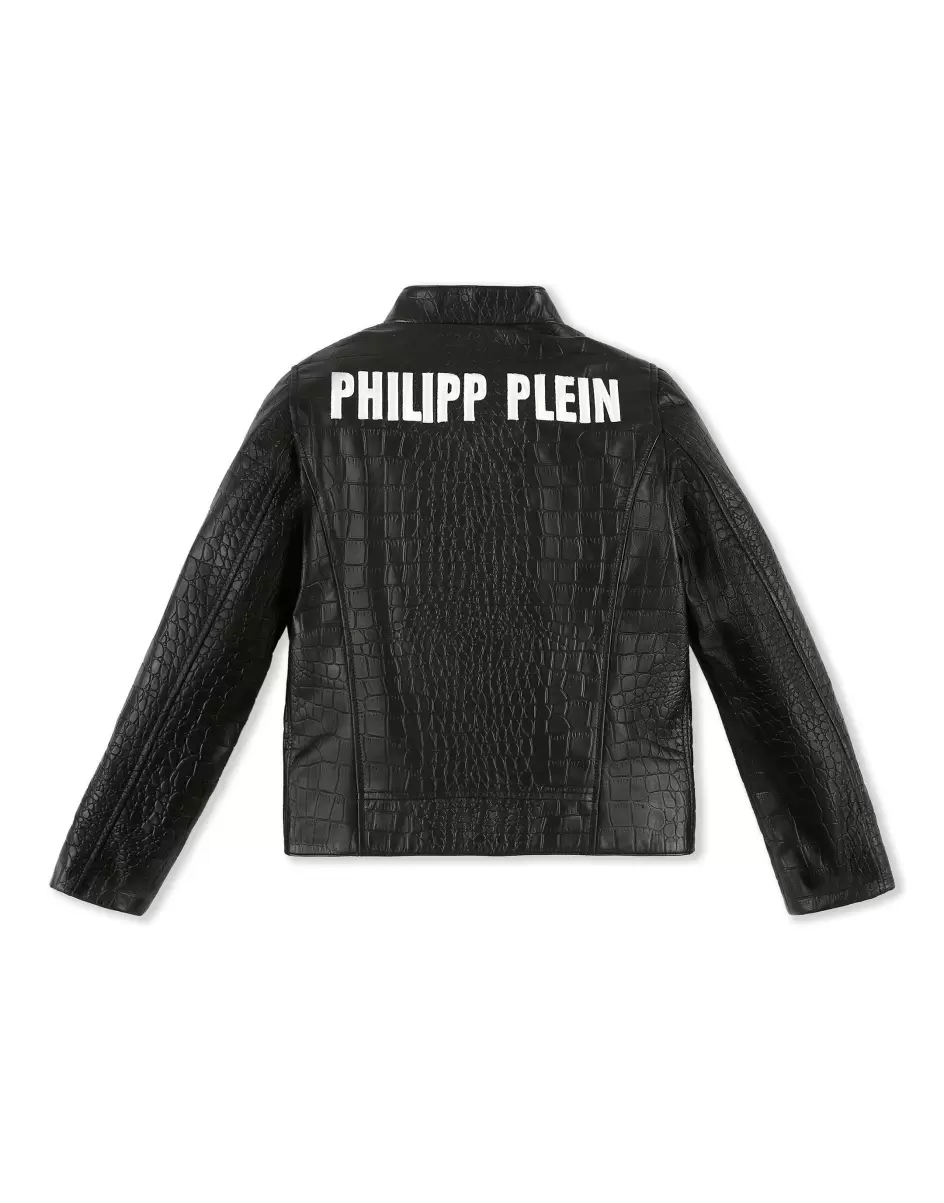 Ropa Precio De Mercado Niños Black Philipp Plein Leather Moto Jacket Logos - 1