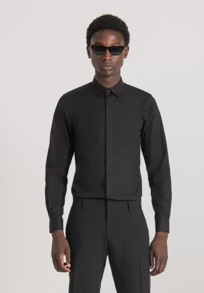 Negro Antony Morato Hombre Camisa Slim Fit «London» En Algodón Easy Iron Con Botón Oculto Innovador Camisas