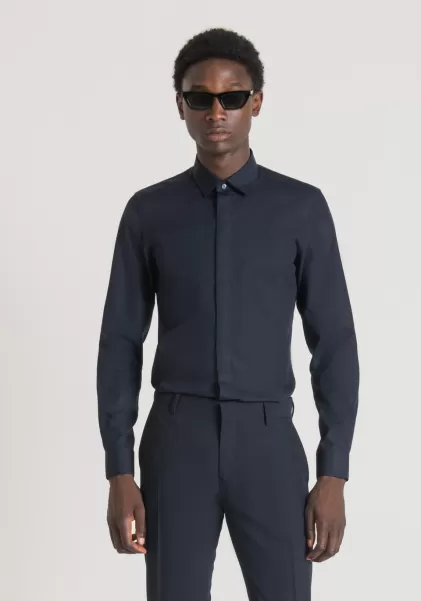 Camisas Hombre Salida Camisa 'London' Slim Fit De Algodón Fácil De Planchar Con Tapeta De Botones Oculta Tinta Azul Antony Morato