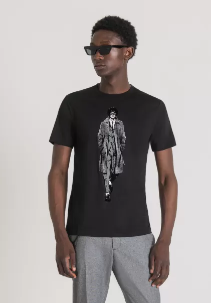 Negro En Línea Camiseta Slim Fit De Puro Algodón Con Estampado Delantero Camisetas Y Polo Antony Morato Hombre