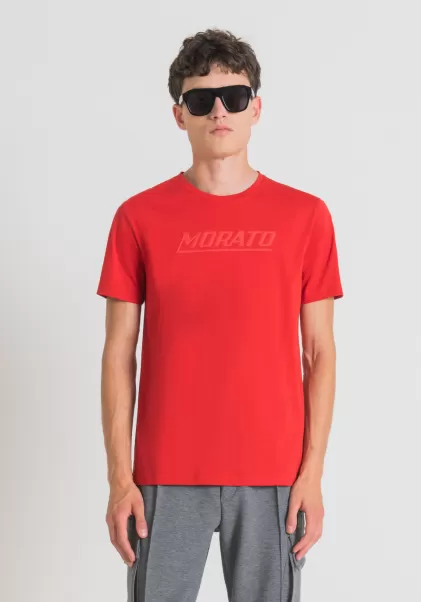 Rojo Fuego Camiseta Slim Fit De Puro Algodón Con Estampado «Morato» Precios De Lanzamiento Camisetas Y Polo Hombre Antony Morato