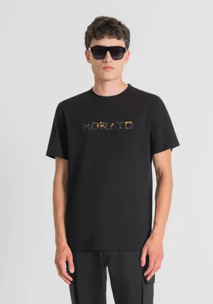 Hombre Antony Morato Asegurar Camisetas Y Polo Camiseta Regular Fit De Puro Algodón Puro Con Logotipo Engomado Estampado Negro