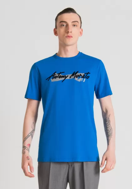 Hombre Cobalt Camiseta Regular Fit De Algodón Puro Con Logotipo De Goma Estampado Camisetas Y Polo Vender Antony Morato