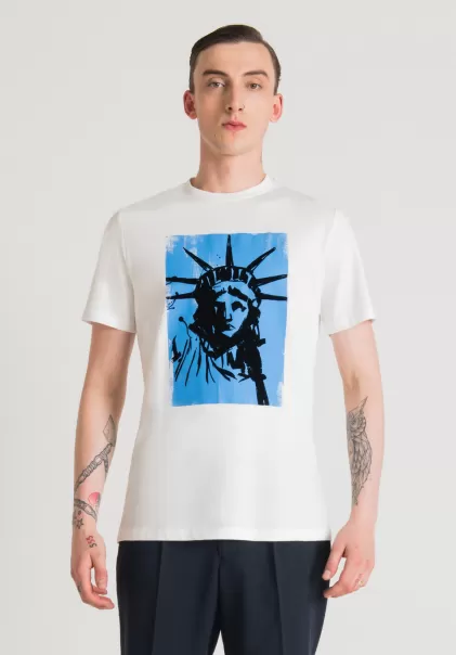 Crema Antony Morato Compra Camiseta Regular Fit 100 % De Algodón Con Estampado De La Estatua De La Libertad Hombre Camisetas Y Polo