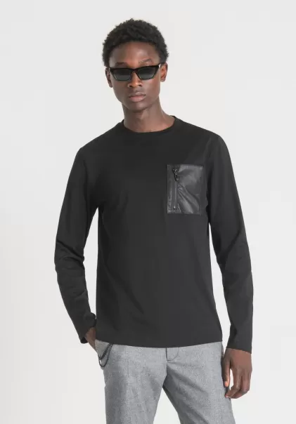 Hombre Negro Antony Morato Camisetas Y Polo Camiseta Regular Fit De Manga Larga 100 % De Algodón Con Bolsillo De Piel Sintética Con Cremallera Recomendar