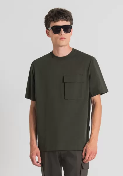 Vender Antony Morato Verde Militar Oscuro Camisetas Y Polo Hombre Camiseta Extragrande De Algodón Puro Con Bolsillo En El Lado Del Corazón