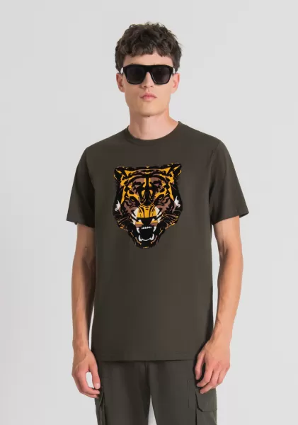 Descuento Hombre Camisetas Y Polo Antony Morato Verde Militar Oscuro Camiseta Regular Fit 100 % De Algodón Con Estampado De Tigre