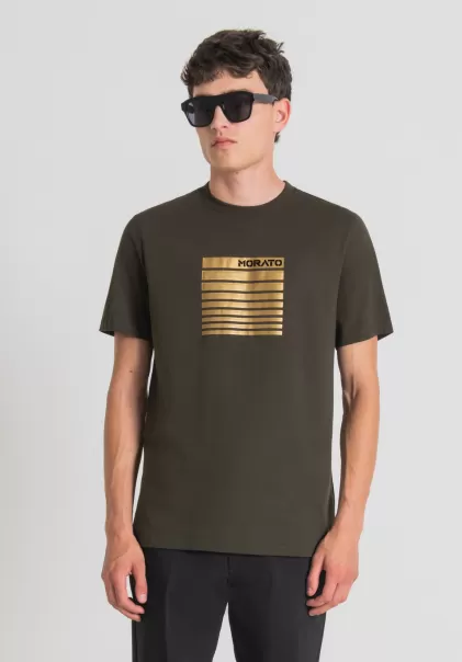 Verde Militar Oscuro Hombre Demanda Camiseta Regular Fit 100 % De Algodón Con Estampado Flock Antony Morato Camisetas Y Polo