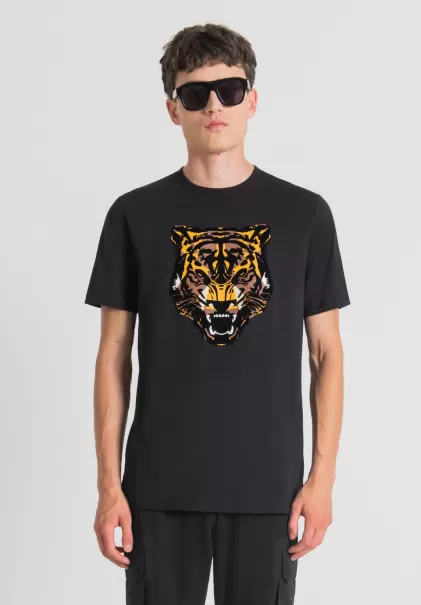 Camiseta Regular Fit 100 % De Algodón Con Estampado De Tigre Hombre Camisetas Y Polo Descuento Negro Antony Morato