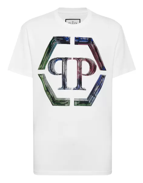 Clásico Camisetas Philipp Plein Hombre White / Multicolored T-Shirt Round Neck Ss Pp Glass