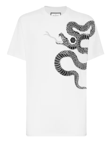 Hombre Philipp Plein Camisetas T-Shirt Round Neck Ss Snake White Comercio
