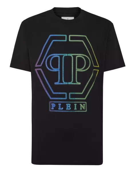 Philipp Plein Camisetas Recomendar Black Embroidered T-Shirt Round Neck Ss Hexagon Hombre