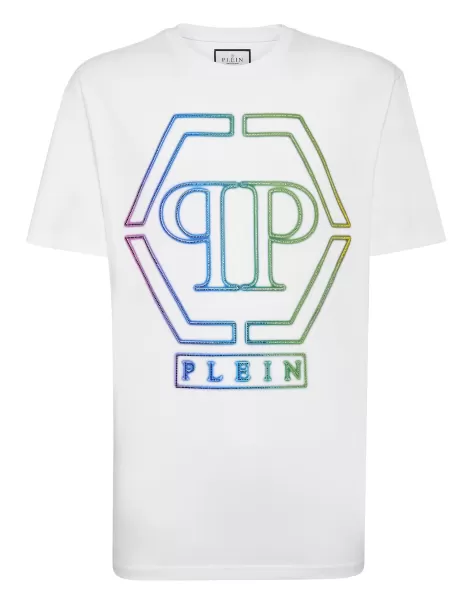White Camisetas Hombre Venta Embroidered T-Shirt Round Neck Ss Hexagon Philipp Plein