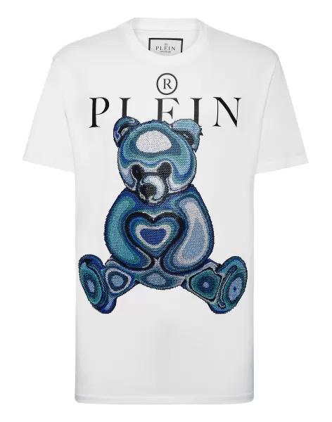 T-Shirt Round Neck Ss With Crystals Teddy Bear White Hombre Camisetas Popularidad Philipp Plein
