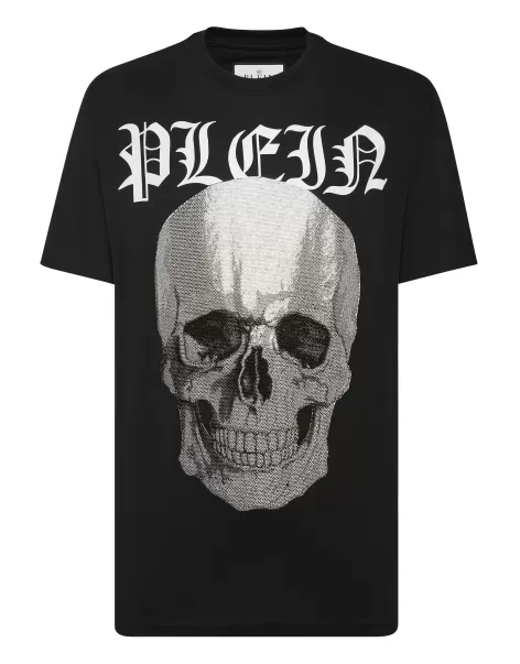 Black Philipp Plein Clásico Hombre Camisetas T-Shirt Round Neck Ss With Crystals Skull