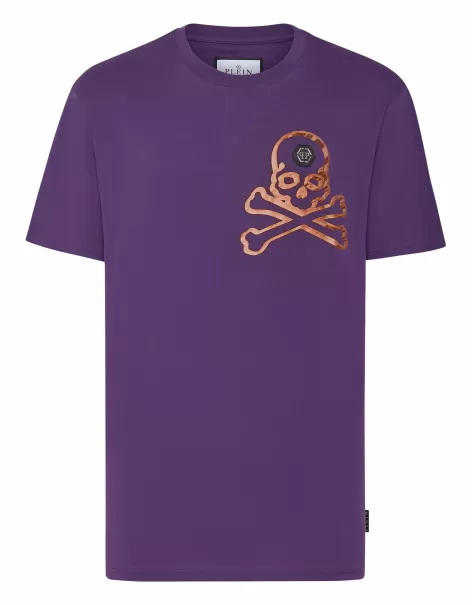 Elegante Philipp Plein Purple Hombre Camisetas T-Shirt Round Neck Ss Skull&Bones