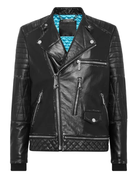 Philipp Plein Leather Biker Jacket Chaquetas De Cuero Precio Al Por Mayor Hombre Black